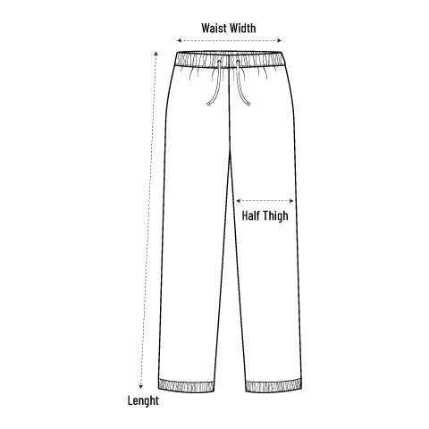 How to measure the scrub pant: waist width, half thigh and length
