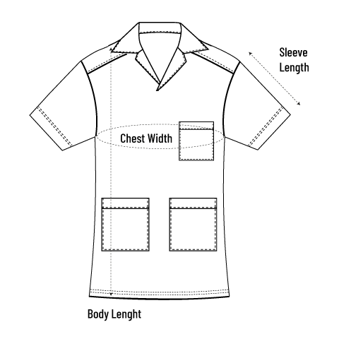How to measure the scrub top: chest width, sleeve length and body length