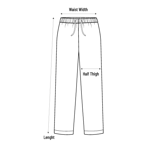 How to measure the scrub pant: waist width, half thigh and length