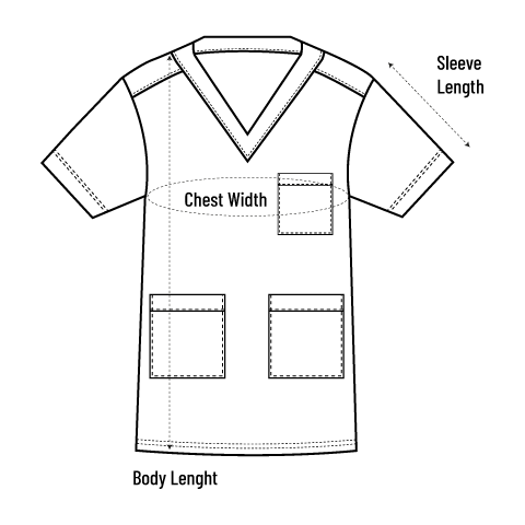 How to measure the scrub top: chest width, sleeve length and body length